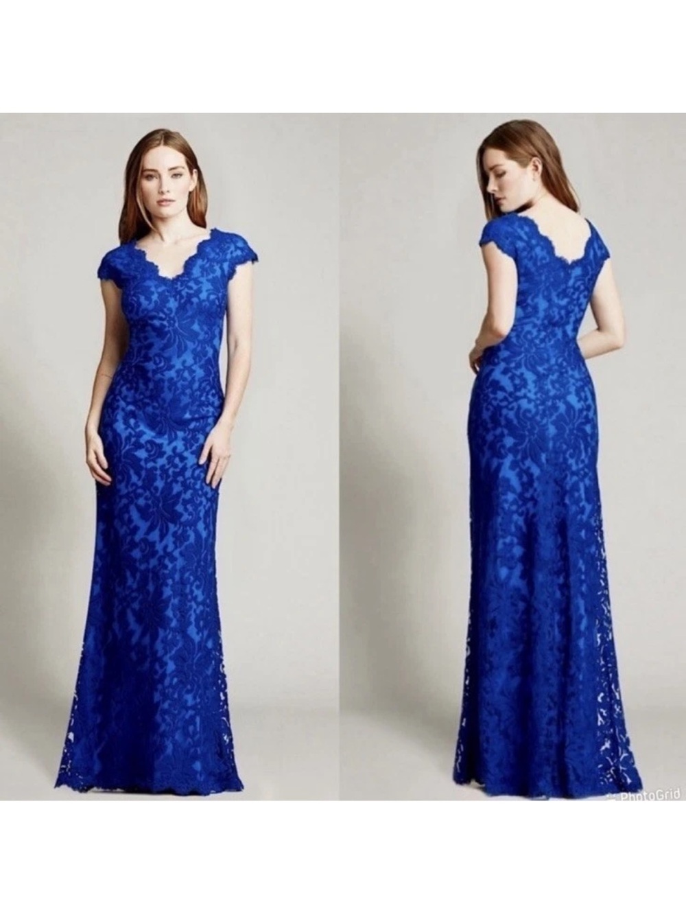 Tadashi Shoji lace sheath dress gown floor length cap sleeves v-neckline